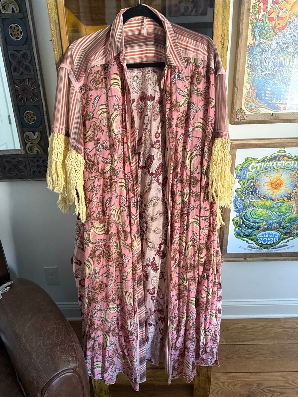 Free People Pink Floral Fringe-Trim Swim Coverup Duster